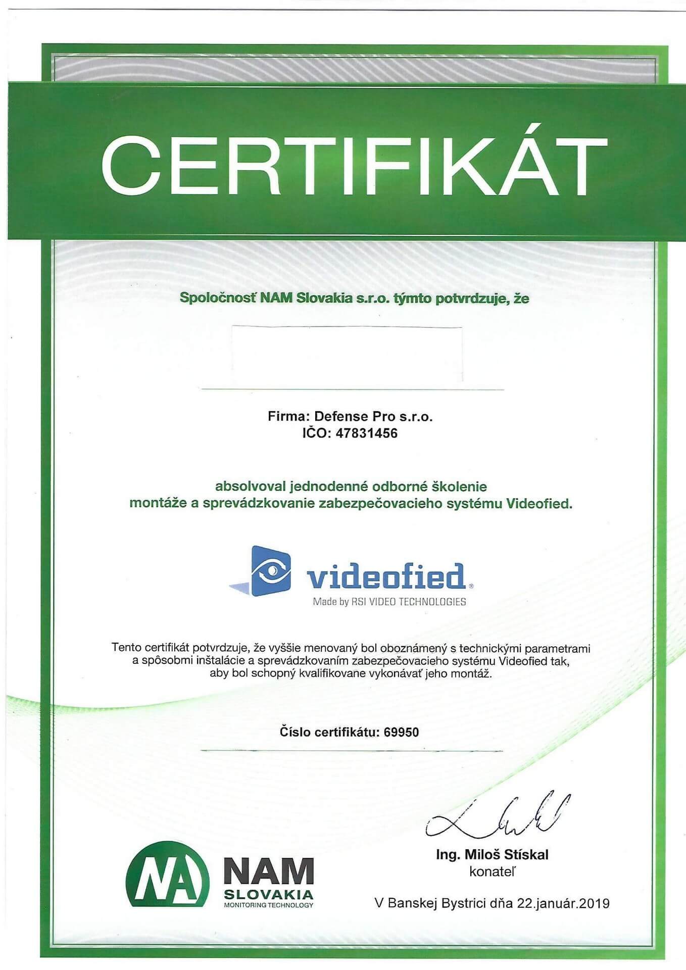 Certifikát Videofied