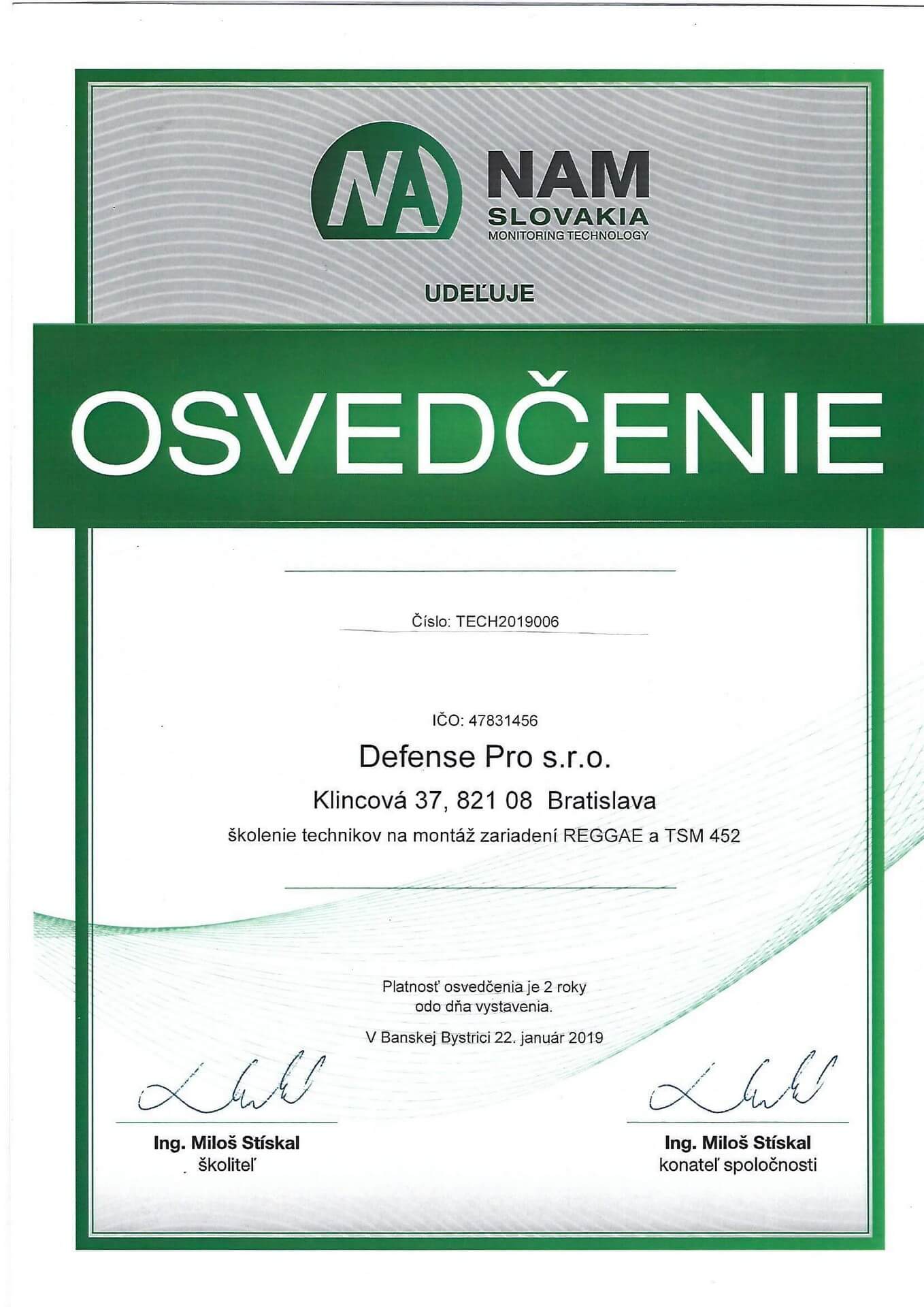 NAM Technology Osvedčenie