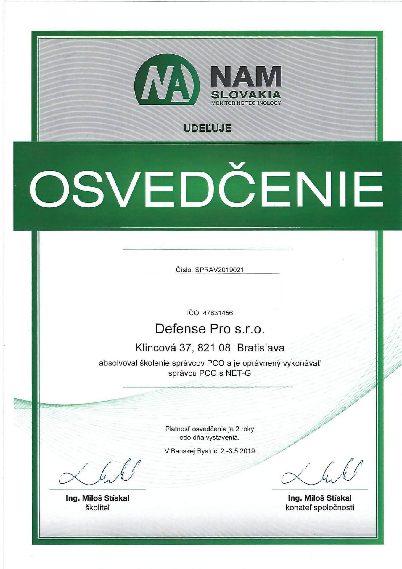 NAM Technology osvedčenie